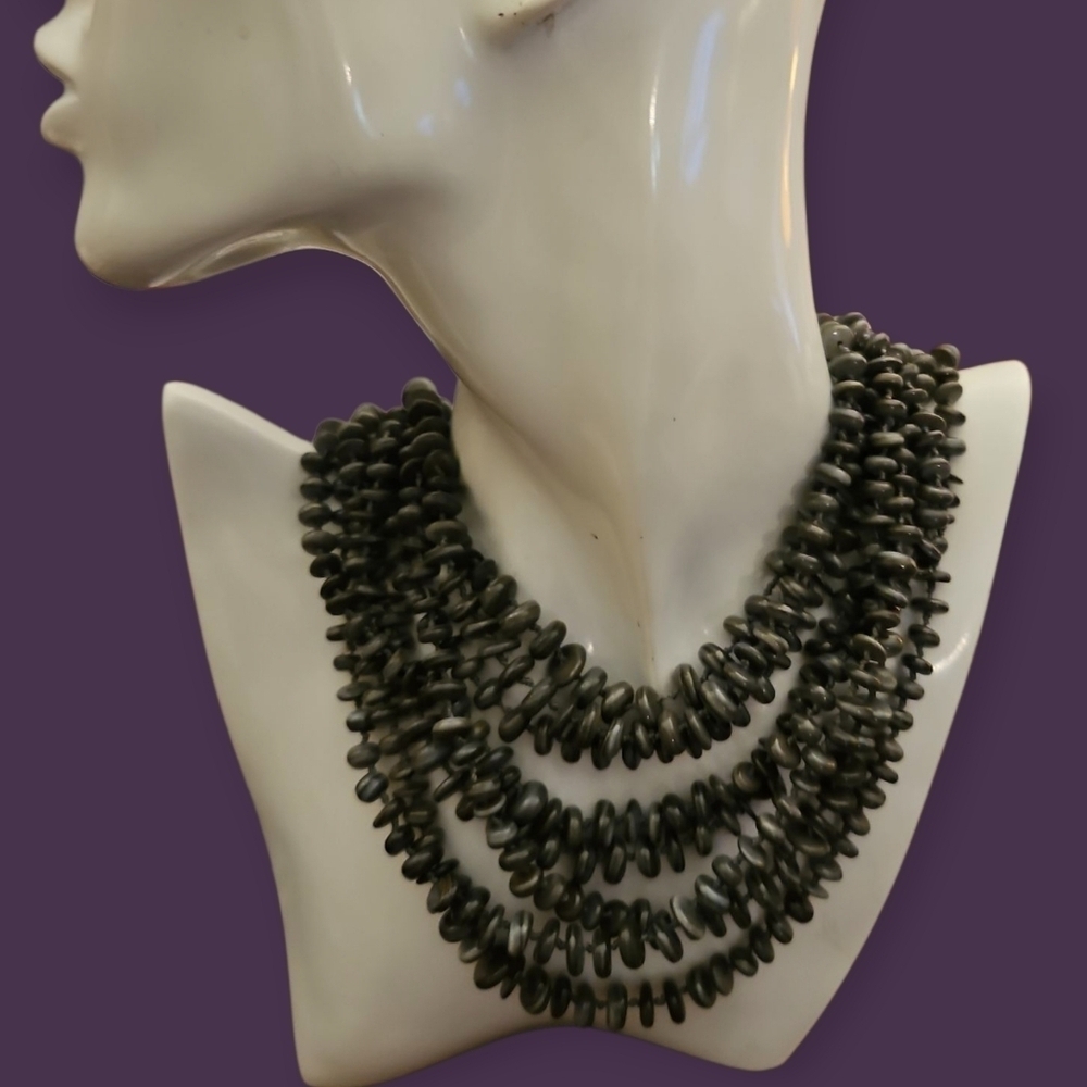 Vintage Gray Mother of Pearl Knot Beaded Multi-strand Necklace